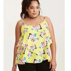 Torrid Neon Yellow Floral Handkerchief Layered Camisole Tank Top Size 2X Plus